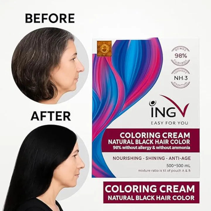 ING Hair Coloring Cream, Natural Black 500ml + 500ml, Dye glow Hair Color, Ammonia free